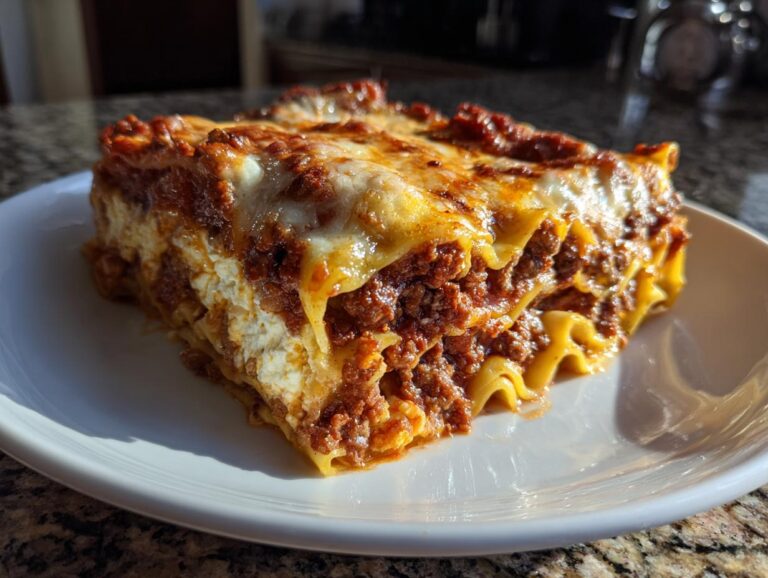 A slice of Lasagna with Cottage Cheese on a white plate, showcasing layers of pasta, meat sauce, and creamy cottage cheese.