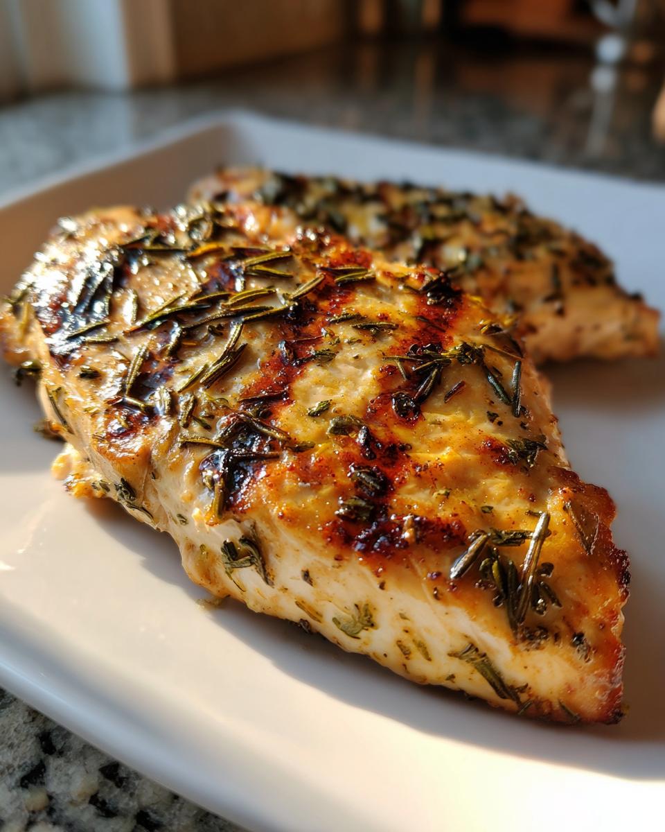 Two pieces of lemon herb grilled chicken on a white plate, seasoned with fresh herbs.