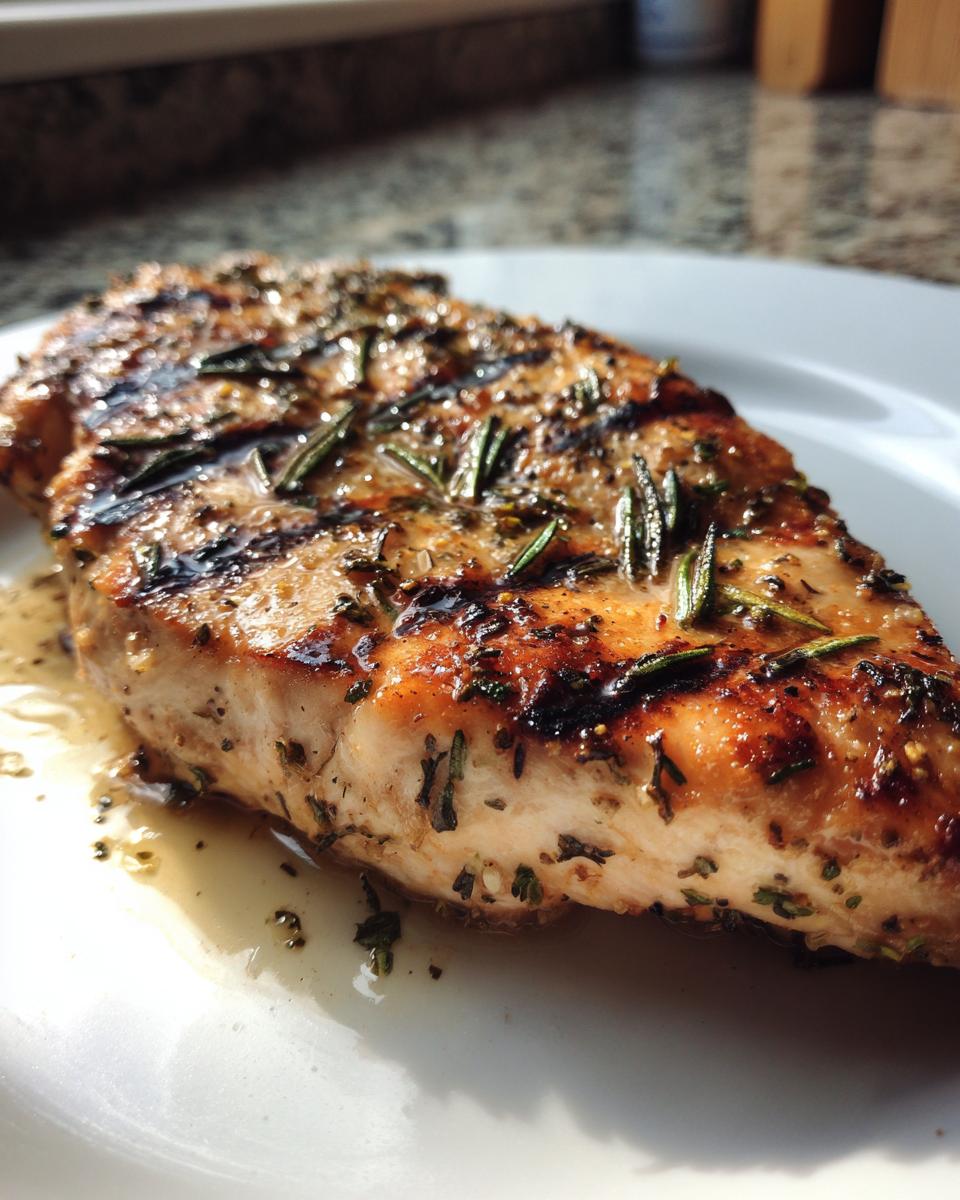 Close-up of a perfectly grilled lemon herb grilled chicken breast, seasoned with herbs and showing grill marks.