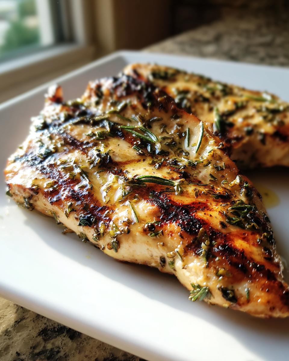 Two pieces of lemon herb grilled chicken on a white plate, showing grill marks and herb seasoning.