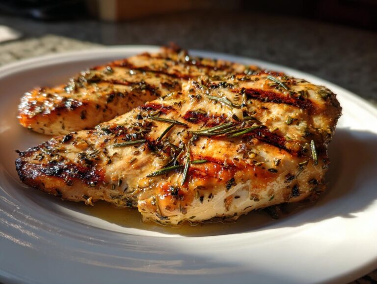Two lemon herb grilled chicken breasts on a white plate, showing grill marks and herb seasoning.