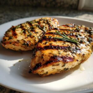 Two pieces of lemon herb grilled chicken on a white plate, showing grill marks and fresh herb garnish.