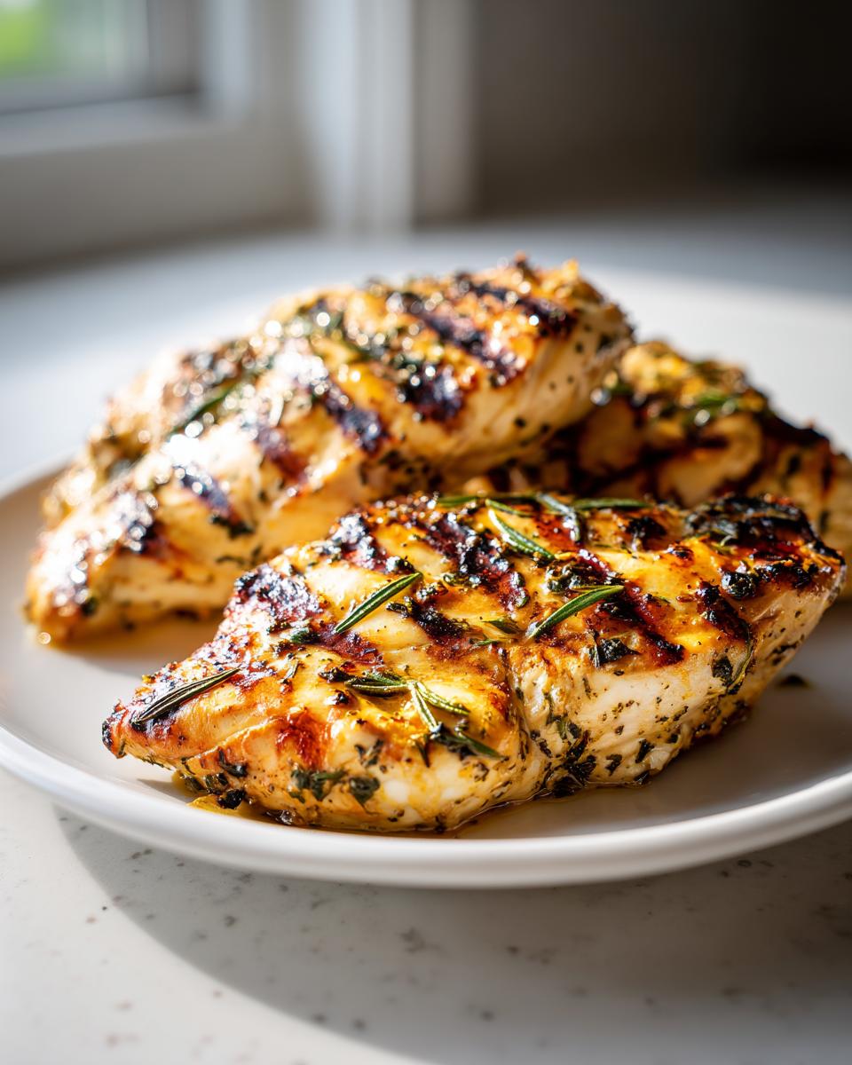 Close-up of lemon herb grilled chicken breasts on a white plate, showing grill marks and herb garnish.