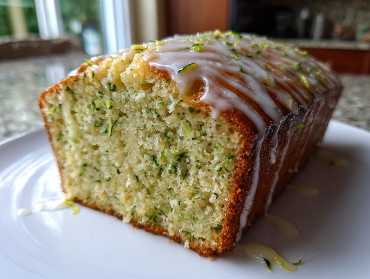 A moist lemon zucchini cake loaf with a sweet lemon glaze and zucchini zest on a white plate.