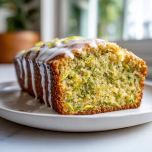 A delicious lemon zucchini cake loaf with a sweet lemon glaze, served on a white plate.