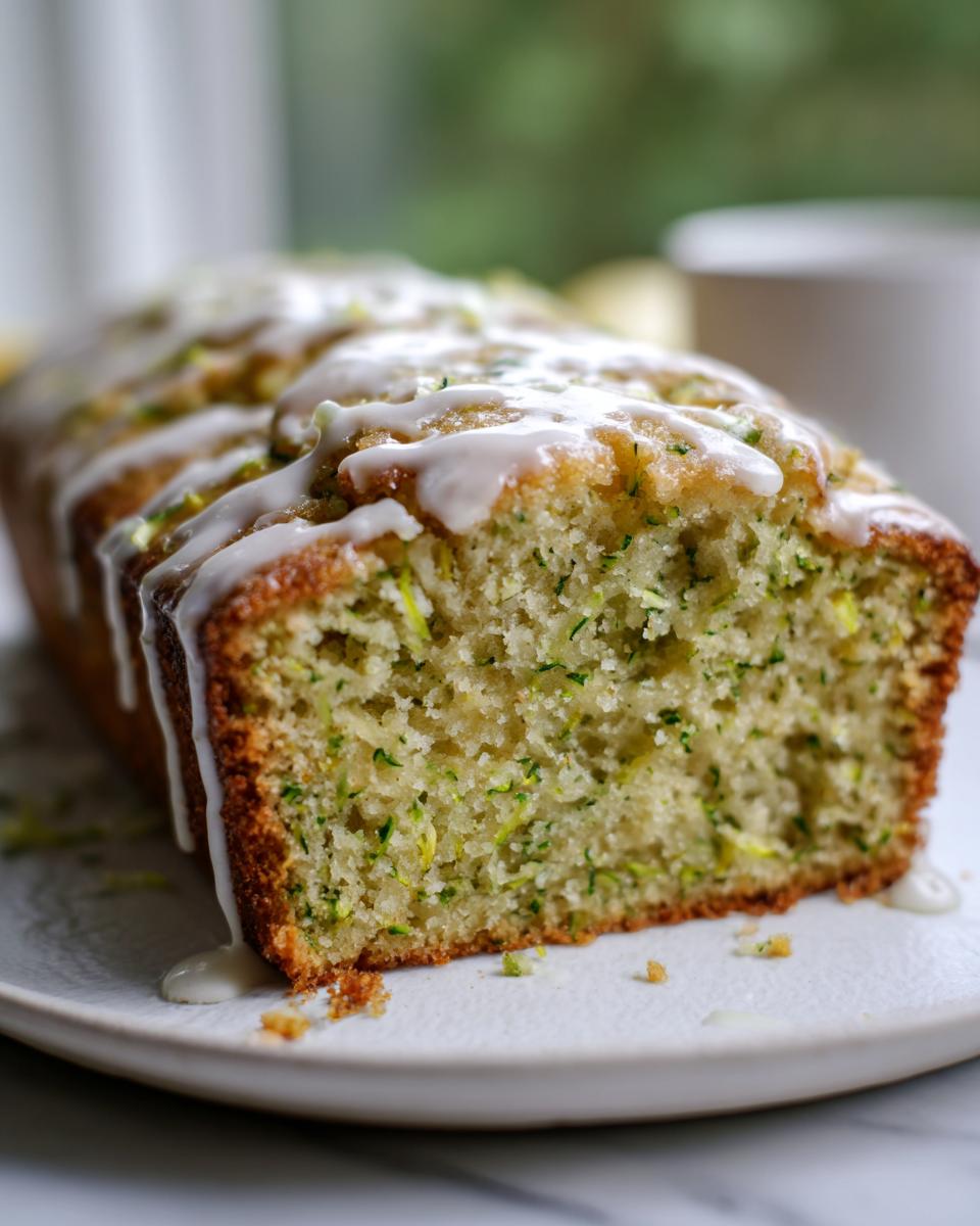Close-up of a sliced lemon zucchini cake loaf with a lemon glaze drizzled on top, sitting on a white plate.