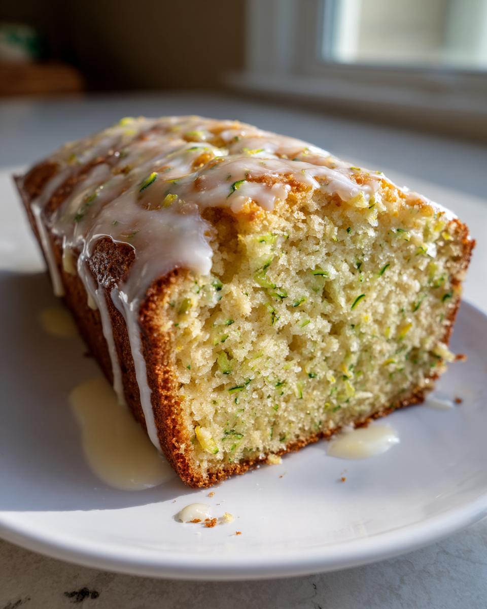 A moist lemon zucchini cake loaf with a sweet lemon glaze, sitting on a white plate.