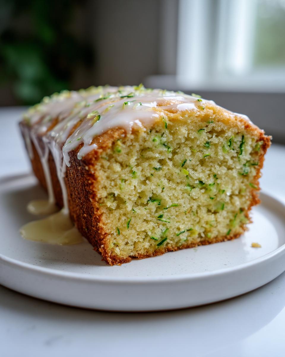 A slice of lemon zucchini cake on a plate, topped with a lemon glaze and zucchini zest.