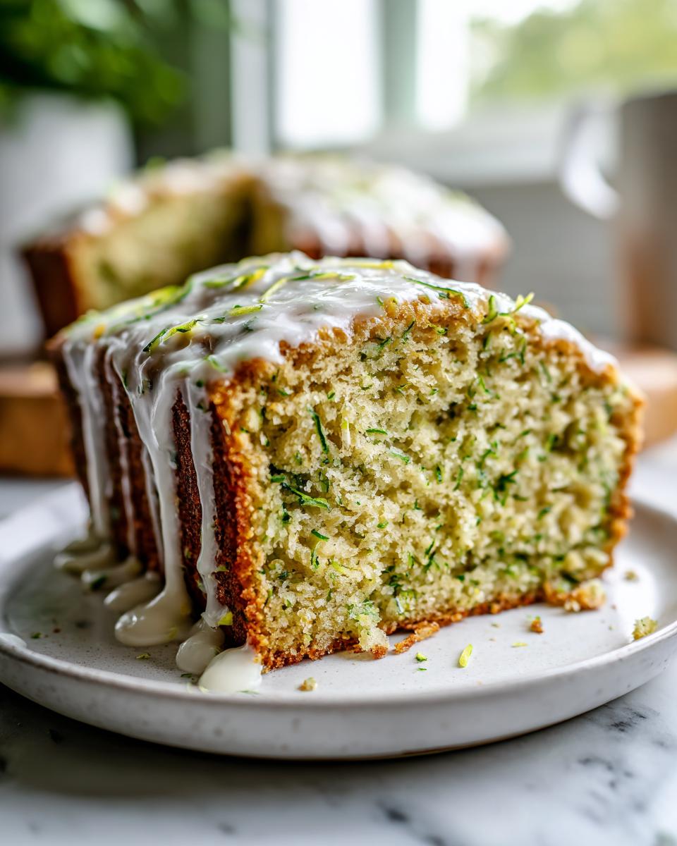 A slice of lemon zucchini cake on a plate, topped with a lemon glaze and zucchini zest.