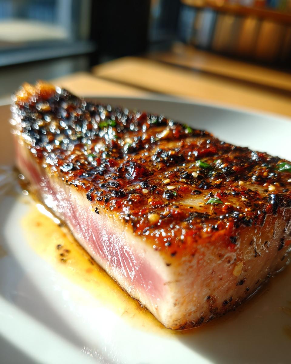 Close-up of a perfectly seared tuna steak with a delicious marinade for tuna steak on a white plate.