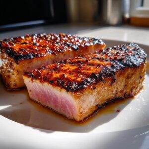Two tuna steaks with a delicious marinade, cooked to perfection and served on a white plate.