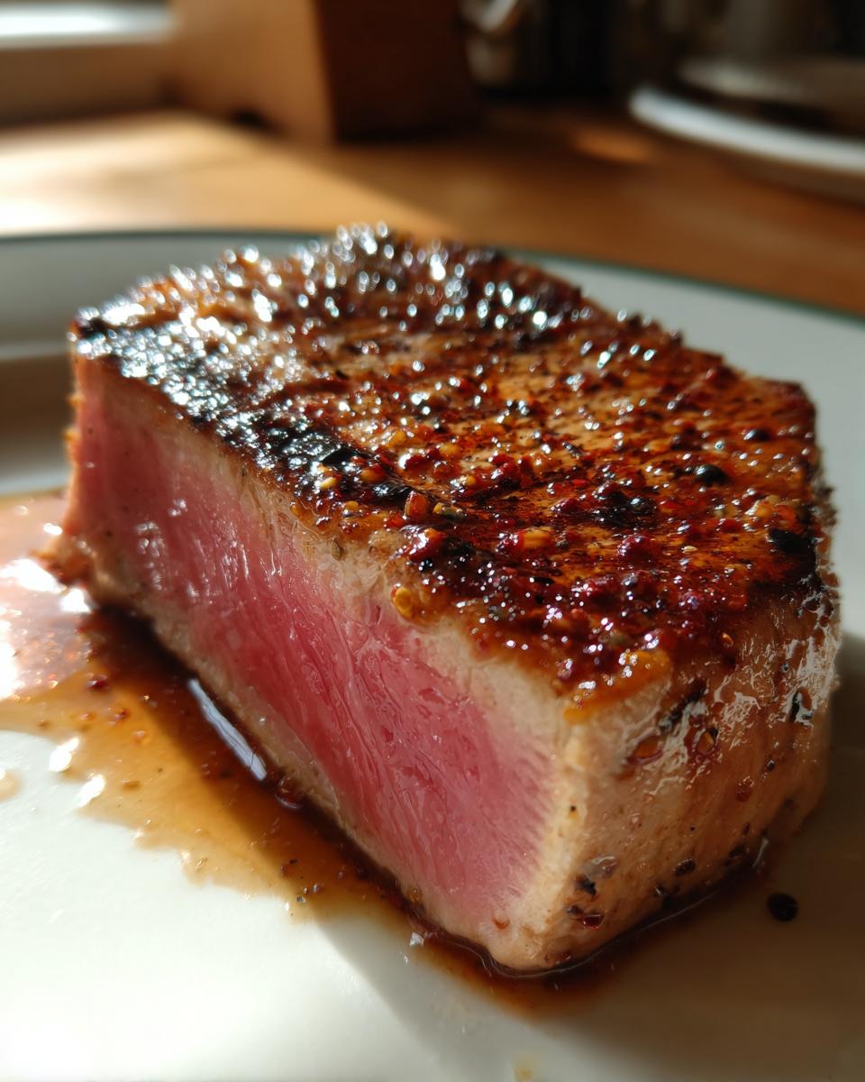 Close-up of a seared tuna steak showing the pink center and flavorful marinade for tuna steak.