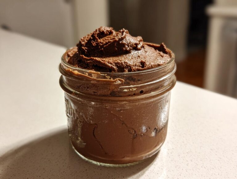 Homemade Mason jar chocolate ice cream, ready to eat. Simple 3-ingredient recipe.