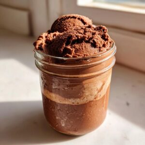Homemade Mason jar chocolate ice cream with scoops on top, ready to eat.