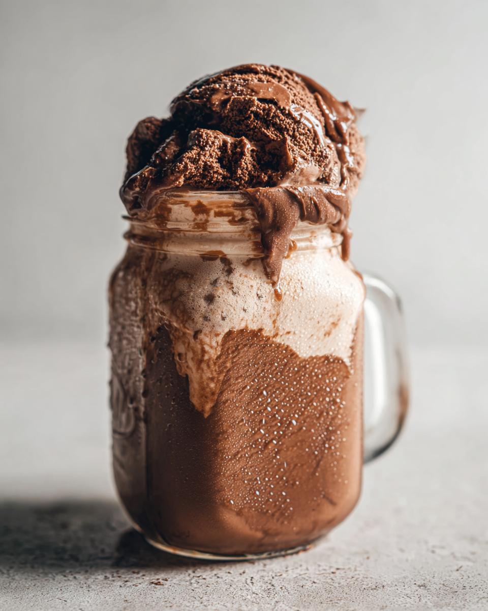 A delicious scoop of Mason jar chocolate ice cream overflowing from a glass mason jar.