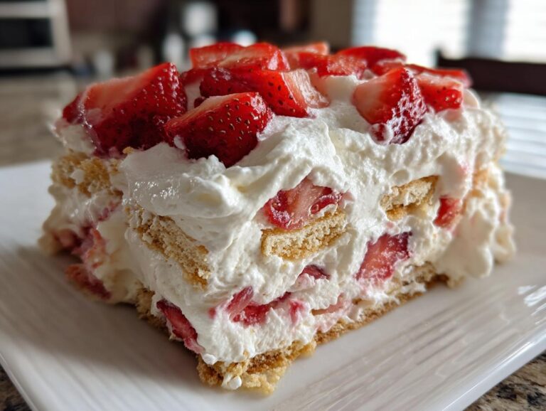 A slice of no-bake strawberry icebox cake with layers of graham crackers, whipped cream, and fresh strawberries.