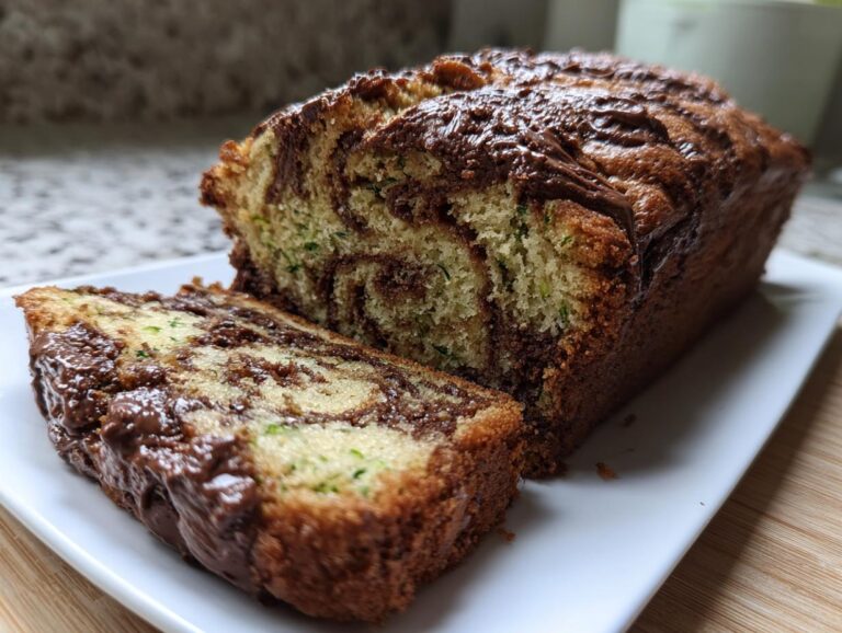 A loaf of Nutella swirl zucchini bread with a slice cut, showcasing the Nutella swirl and zucchini.