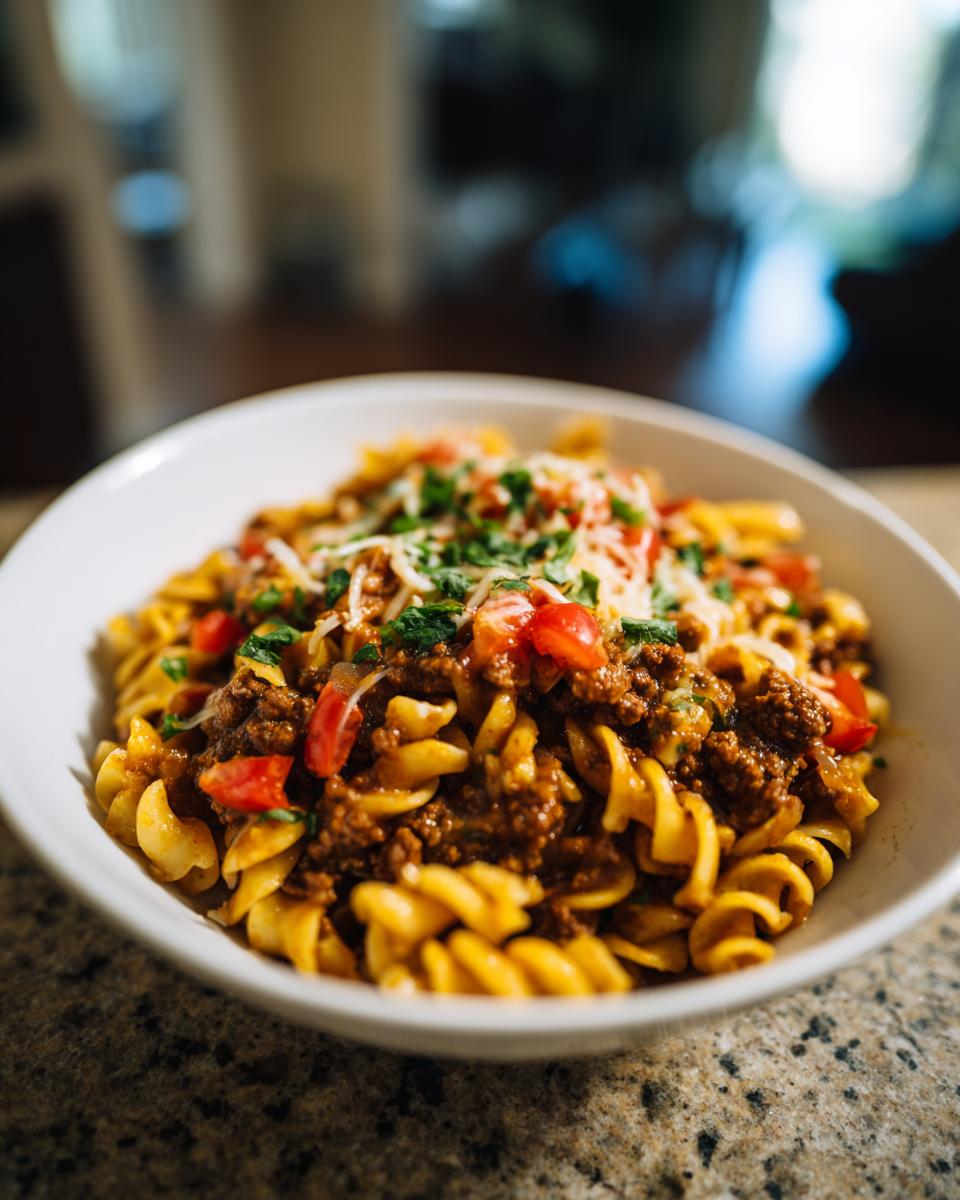 A bowl of one pot taco pasta topped with ground beef, tomatoes, cheese, and cilantro.