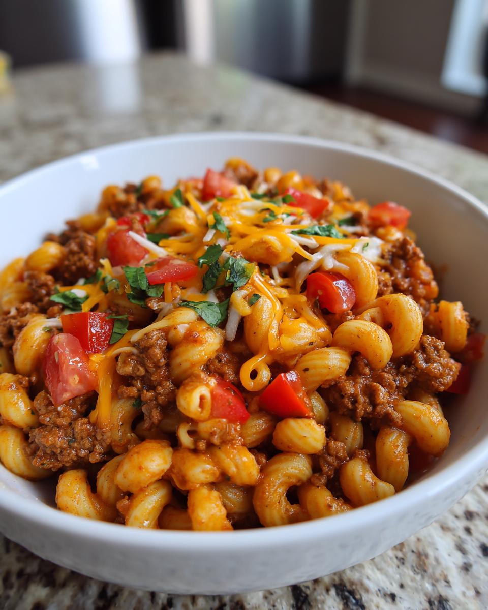 A delicious bowl of one pot taco pasta, topped with cheese, tomatoes, and cilantro.