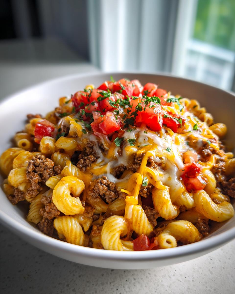A bowl of one pot taco pasta topped with melted cheese, diced tomatoes, and fresh parsley.