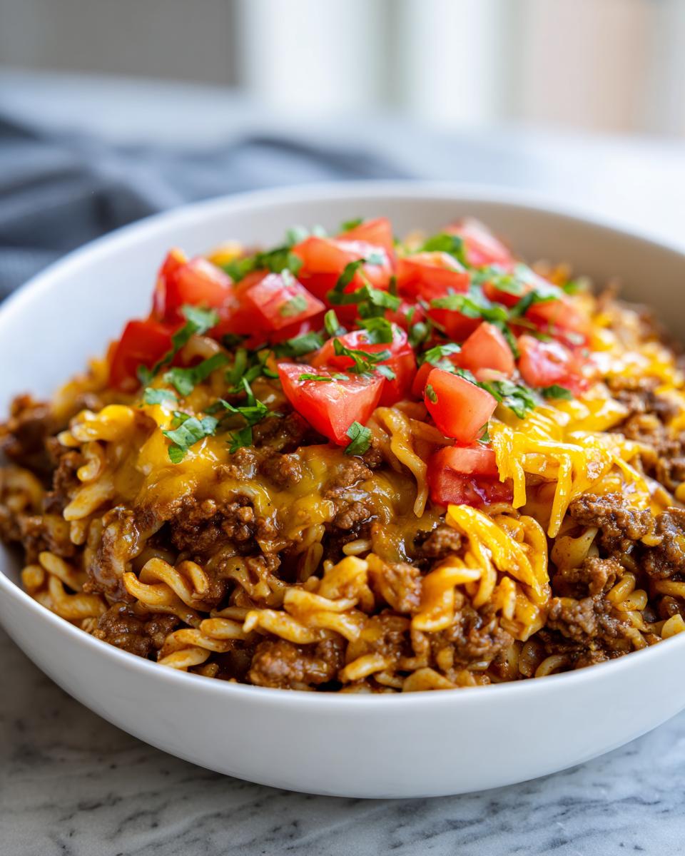 A bowl of One pot taco pasta topped with diced tomatoes and fresh parsley.