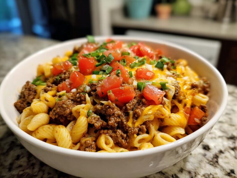 A delicious bowl of one pot taco pasta, topped with ground beef, cheese, tomatoes, and green onions.
