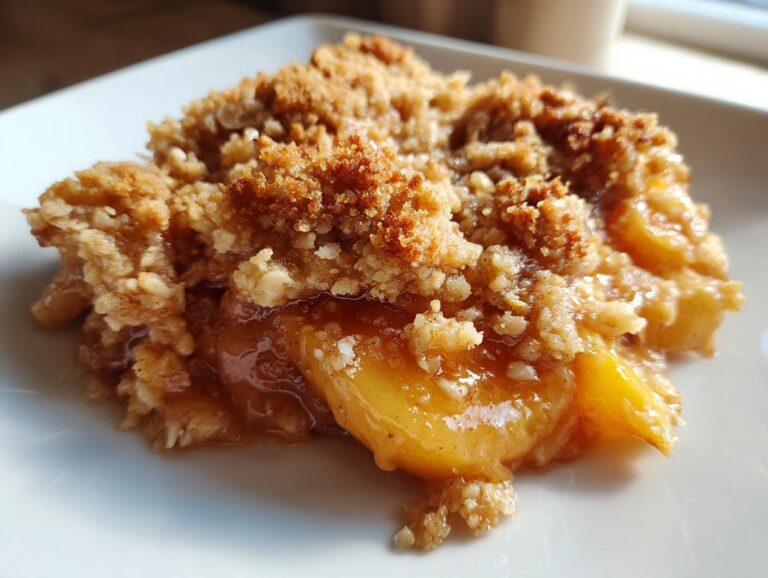Close-up of a serving of peach crisp with a golden oat crumble topping on a white plate.