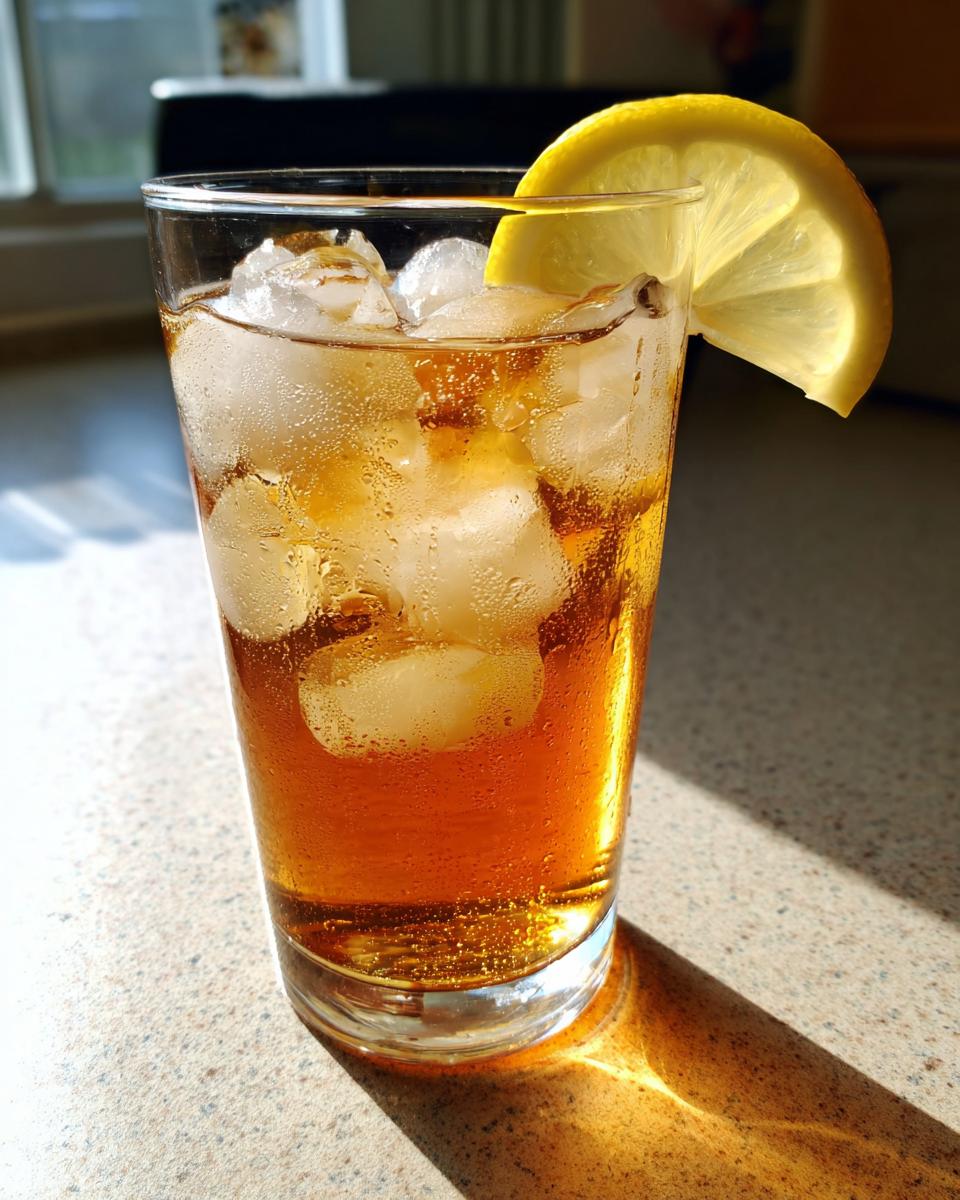 A glass of peach iced tea with ice and a lemon slice garnish, ready to drink.