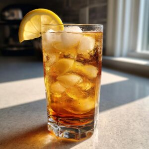 A glass of peach iced tea filled with ice and garnished with a lemon slice.