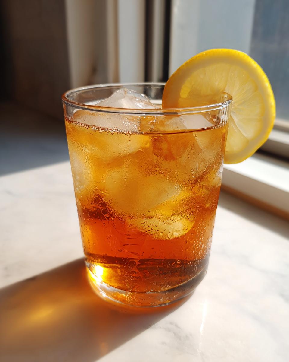 Glass of peach iced tea with ice and a lemon slice garnish. Refreshing summer drink.