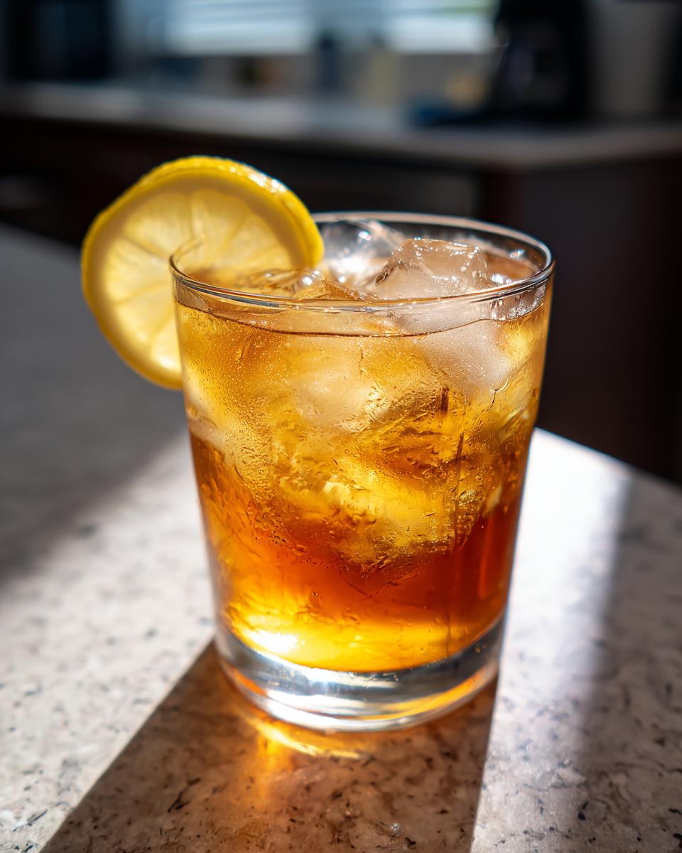 A glass of peach iced tea with ice and a lemon slice, ready to drink.