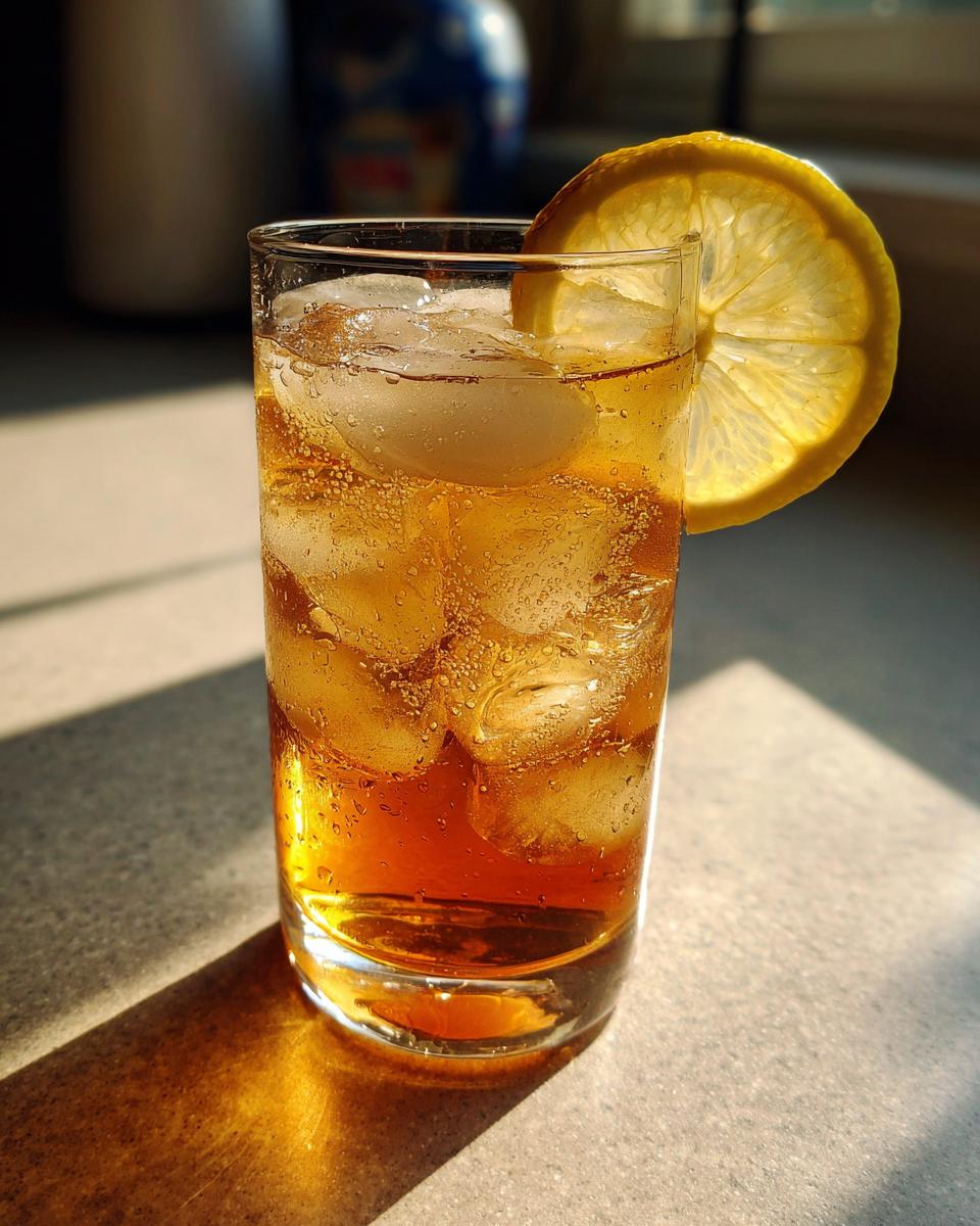 A glass of peach iced tea with ice and a lemon slice garnish, lit by sunlight.