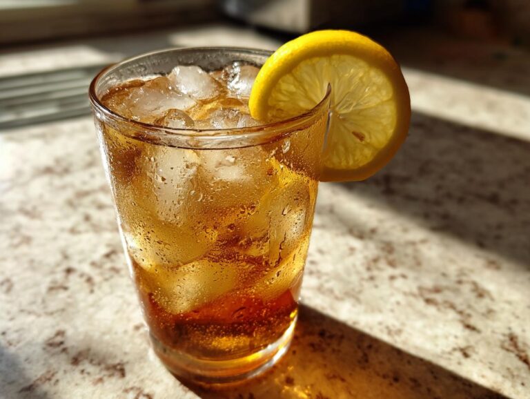 A glass of peach iced tea with ice and a lemon slice garnish, ready to drink.