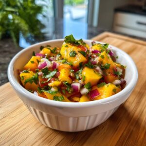 A bowl of vibrant peach salsa with diced peaches, red onion, and cilantro. Ready to serve.