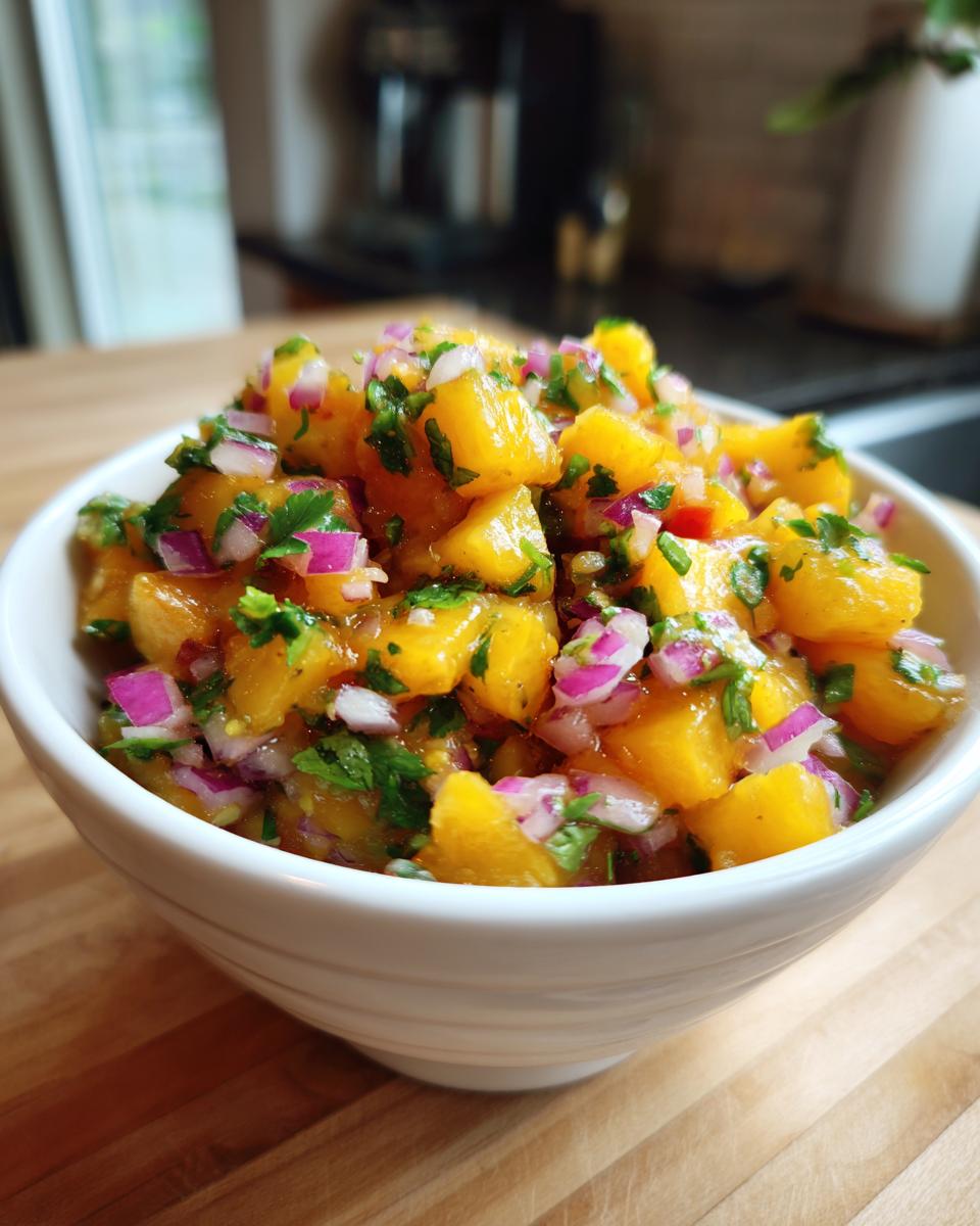 A bowl of vibrant peach salsa, featuring diced peaches, red onion, and cilantro. Ready to enjoy!
