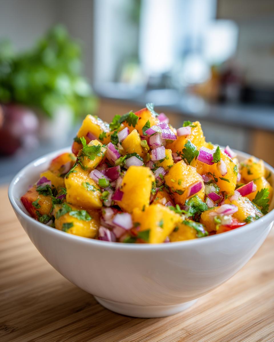 A vibrant bowl of peach salsa with diced peaches, red onion, and cilantro.