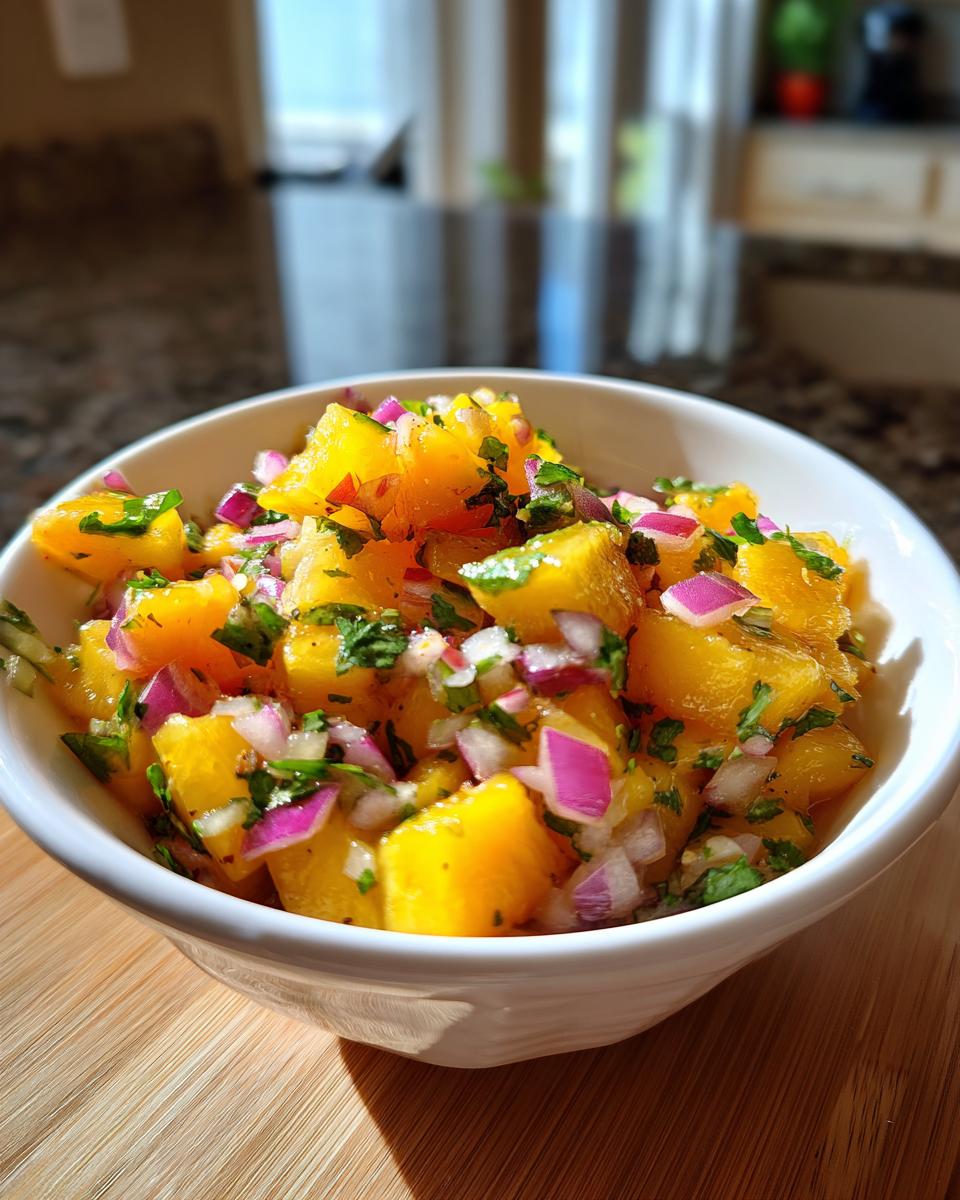 Close-up of vibrant peach salsa in a white bowl, featuring diced peaches, red onion, and cilantro.