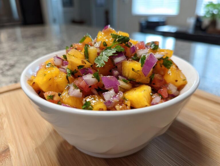 A bowl of vibrant peach salsa featuring diced peaches, red onion, cilantro, and tomatoes.