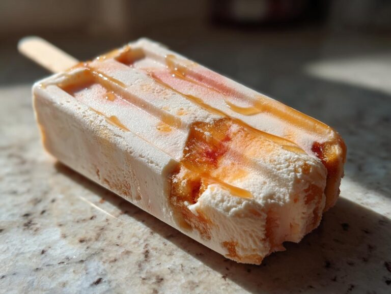 Close-up of a peach yogurt popsicle with peach drizzle on a marble surface. Refreshing summer treat.