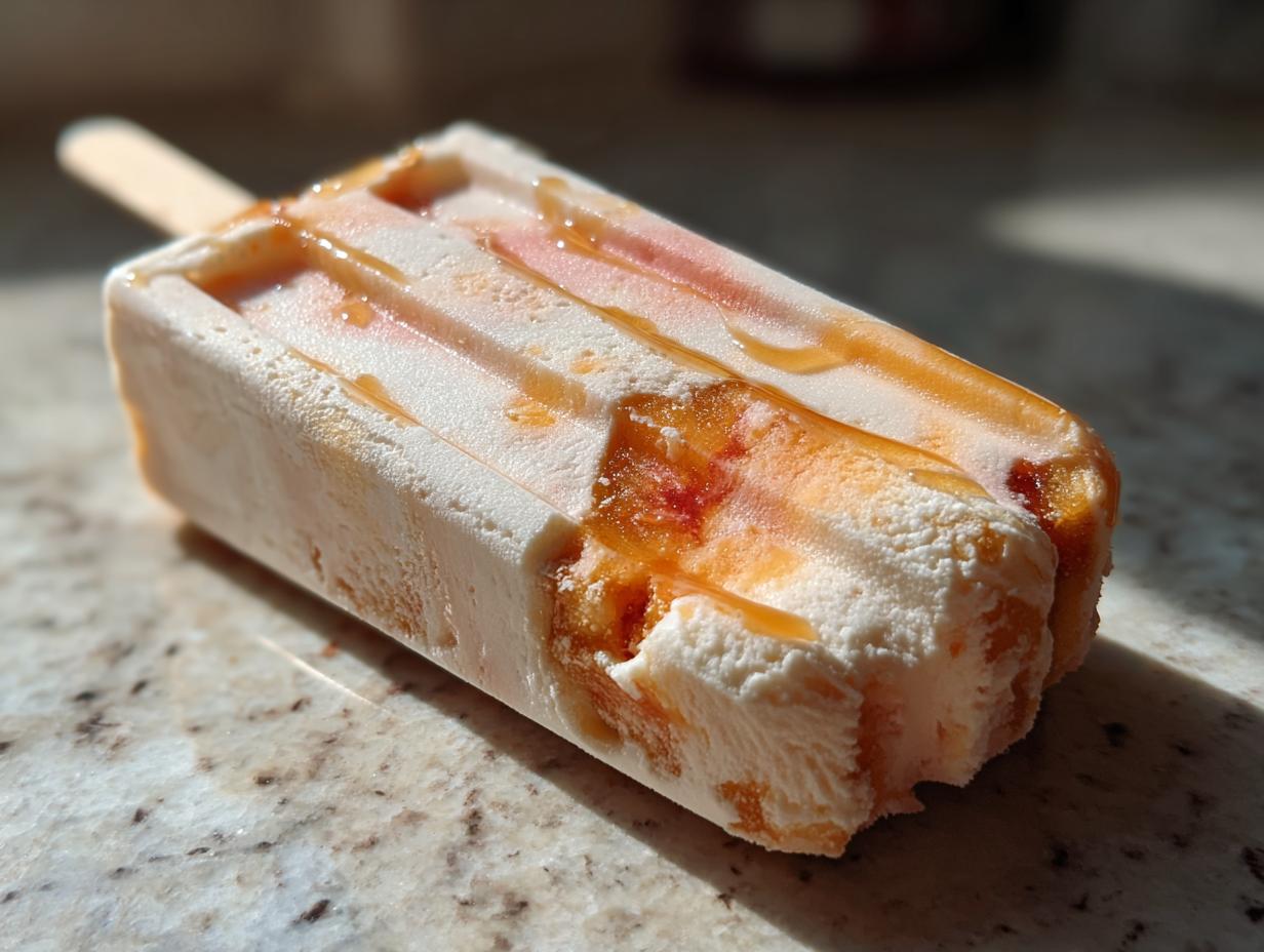 Close-up of a peach yogurt popsicle with peach drizzle on a marble surface. Refreshing summer treat.