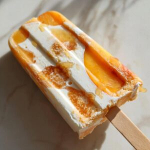 Close-up of a homemade Peach yogurt popsicles with fresh peaches and yogurt layers.