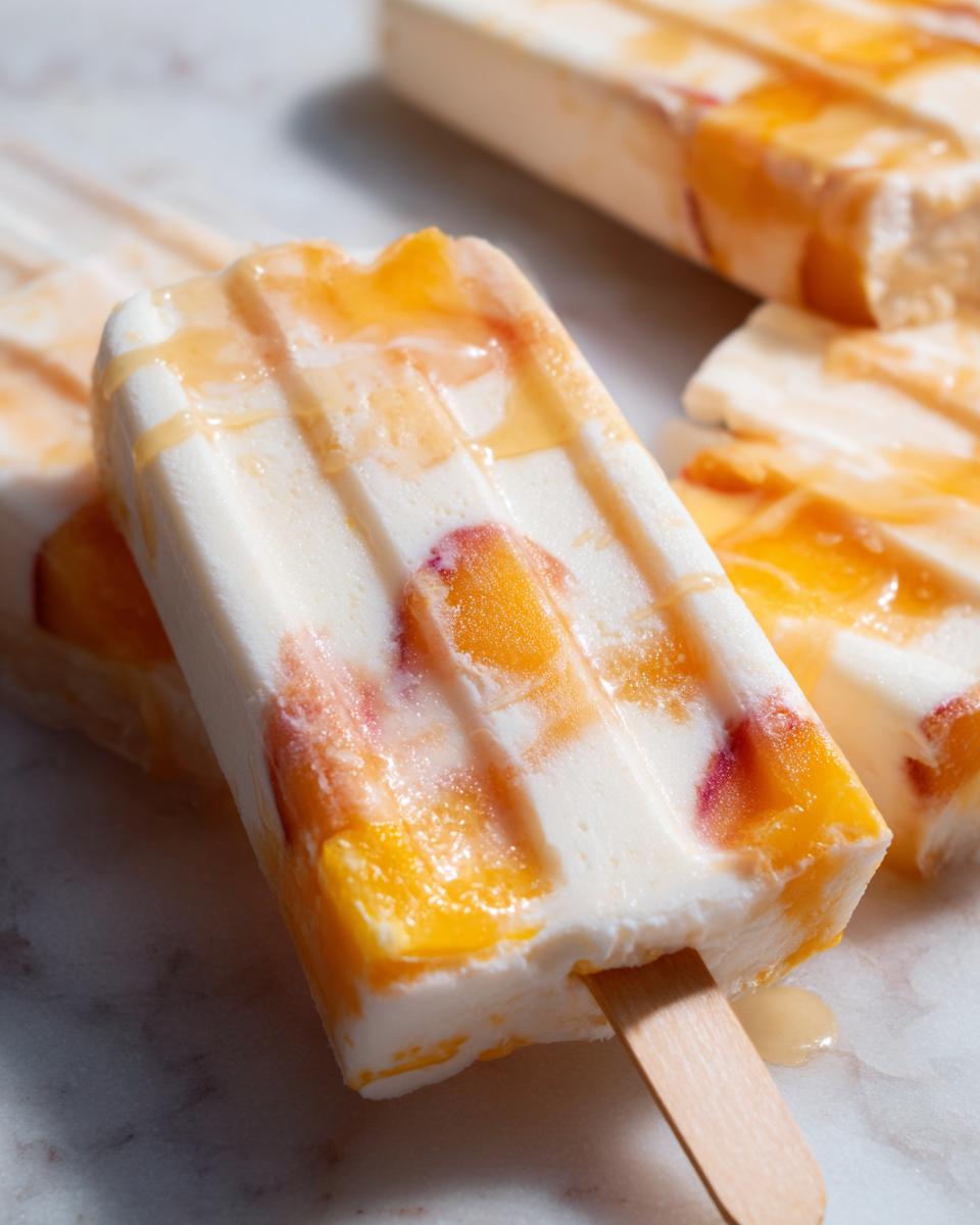 Close-up of homemade peach yogurt popsicles with visible peach chunks and yogurt swirls.