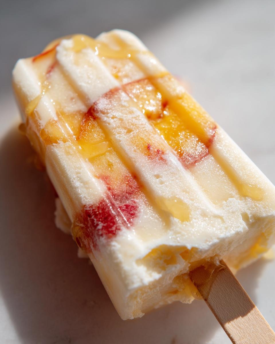 Close-up of a peach yogurt popsicle with visible peach pieces and a drizzle of honey.