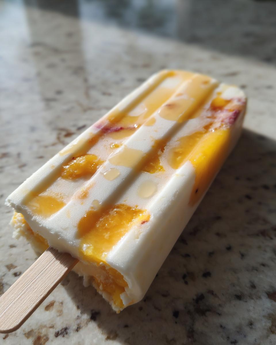 A single peach yogurt popsicle with visible peach chunks and a wooden stick on a granite countertop.