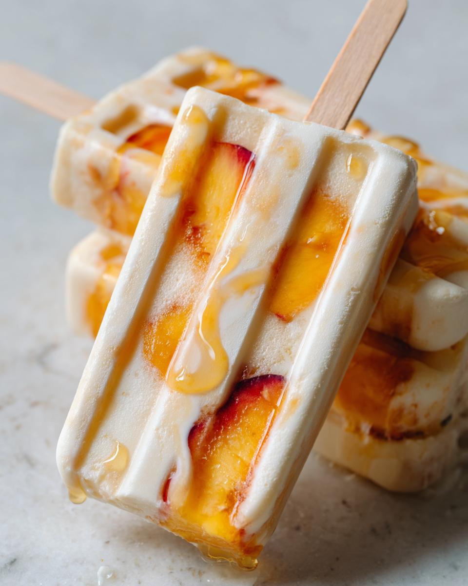 A stack of homemade peach yogurt popsicles with visible peach chunks and a drizzle of honey.