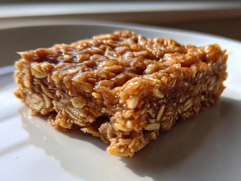 Close-up of a single peanut butter oatmeal bar on a white plate, showcasing its texture and golden color.