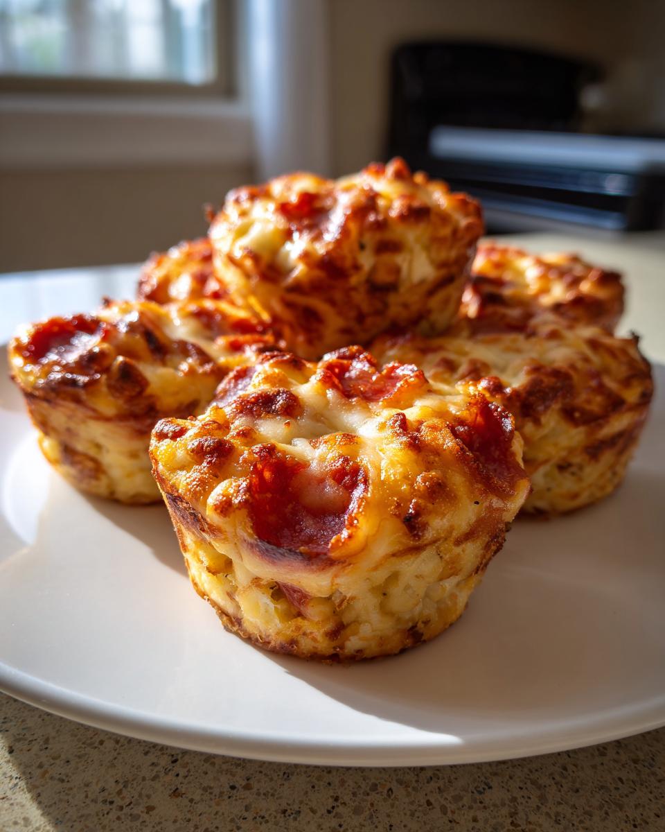A plate of freshly baked pizza muffins, topped with melted cheese and pepperoni.