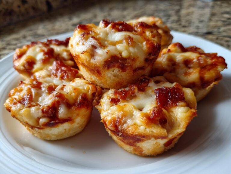 A plate of freshly baked pizza muffins with melted cheese and tomato sauce topping.