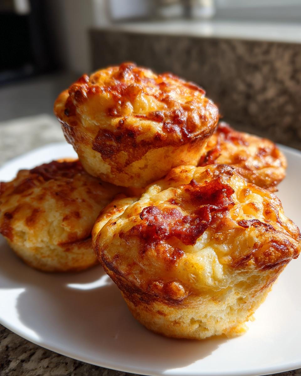A stack of four golden brown pizza muffins on a white plate, ready to eat. These pizza muffins are freezer-friendly.