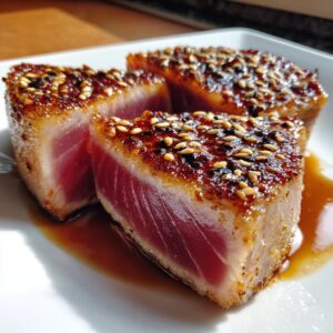 Close-up of perfectly Seared Ahi Tuna steaks with a honey glaze and sesame seeds on a white plate.